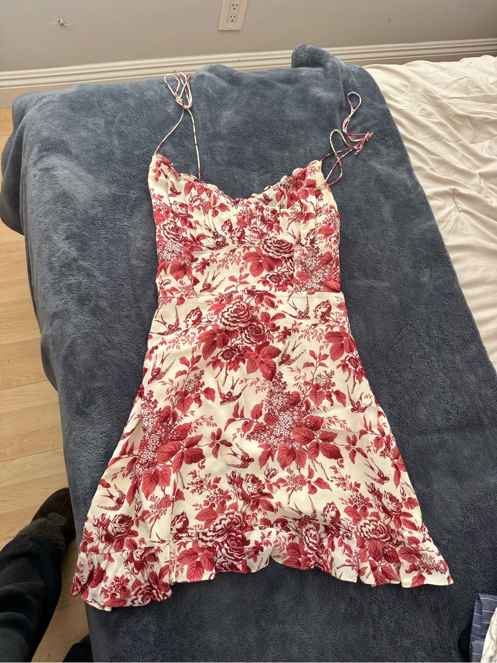 Reformation Red Floral Dress with Ruffle Hem
